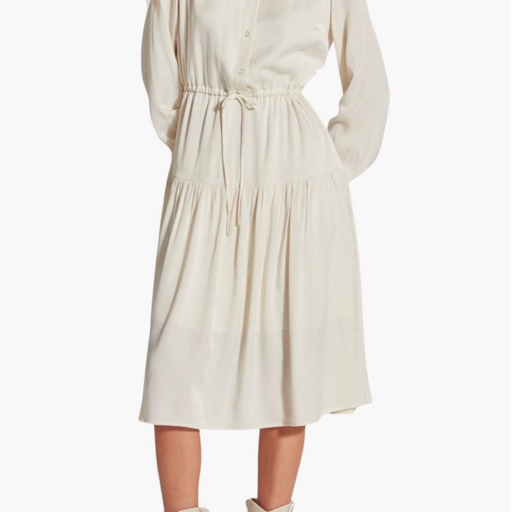 Cream Pleated Long Sleeve Shirt Dress
